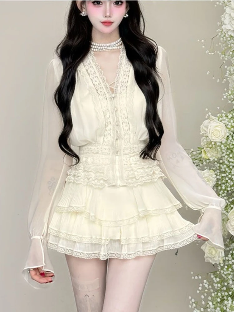 قطعتين مجموعات ملابس نسائية الخامس الرقبة الدانتيل المرقعة سليم قمصان مناسبة عالية الخصر تنورة صغيرة دعوى Roupas فام موضة الصيف مجموعة