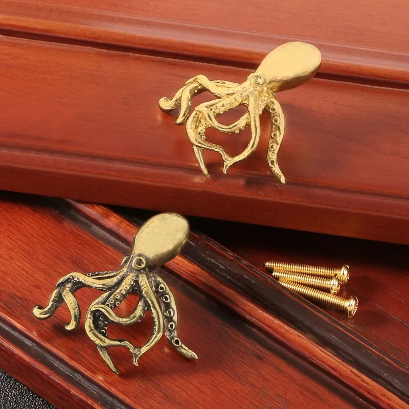 2Pcs Home cabinet accessories, door handles, ocean octopus, squid, brass door handles, copper hooks, hooks