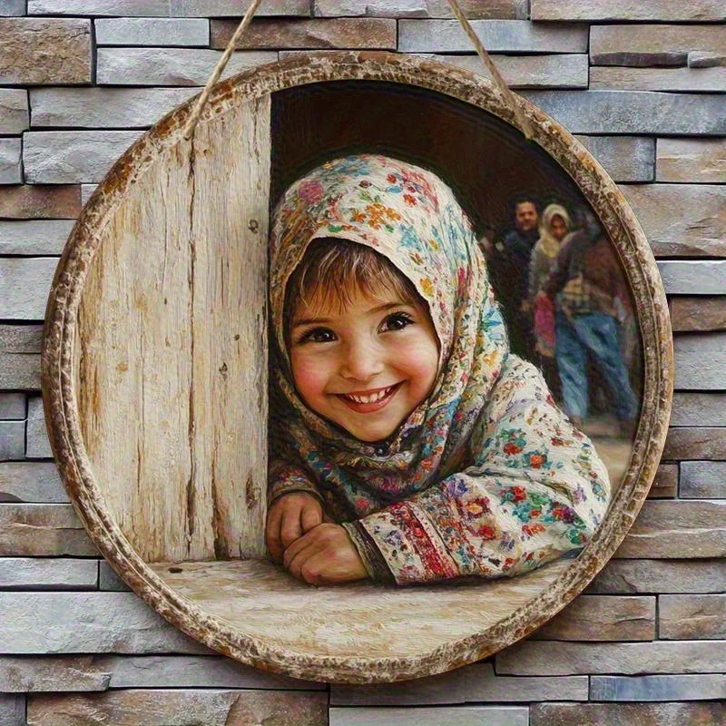 2D Plan 1pc 8X8 Inch Circular Wooden Wall Art - Fashionable Ethnic Style Girl with Colorful Floral Headscarf And Smiling Face -