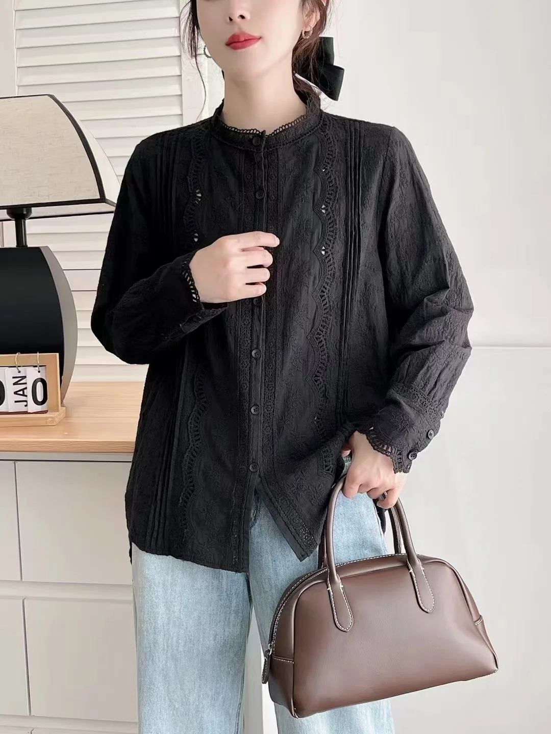 Mori Girl Sweet Lace Embroidery Hollow Out Solid Color Cotton Shirts Women Japanese Cute Stand Collar Long Sleeve Blouse Tops