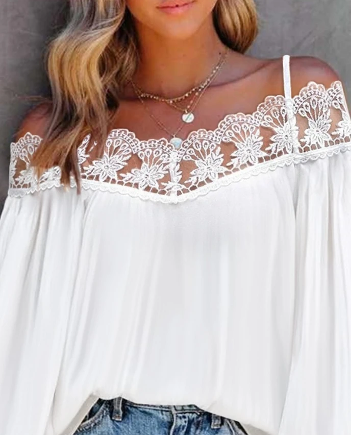 Sexy Elegant Cold Shoulder Contrast Lace Lantern Sleeve Top New Fashion 2024 Summer Autumn Spring Casual T-Shirt Pullover Tops