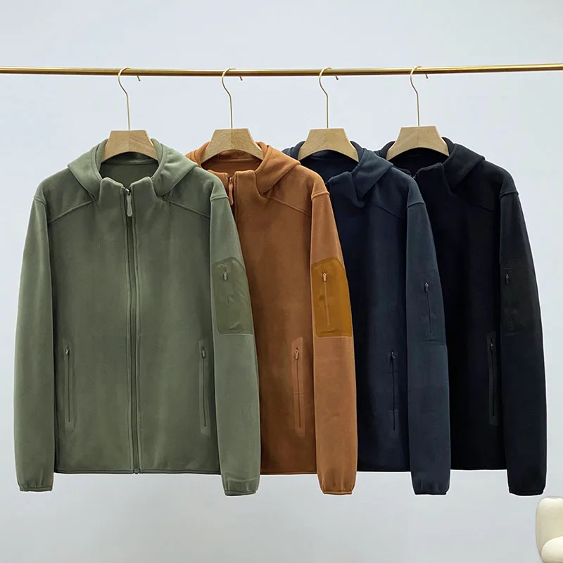 

High-quality men's fashionable and stylish outdoor hooded, double-sided solid color polar fleece, warm and versatile, unisex