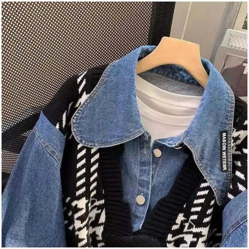 Extra Large 300 Pou Spring Autumn Knitted Splice Denim Jaet Men Women Color Blo Design Casual irt American Leisure