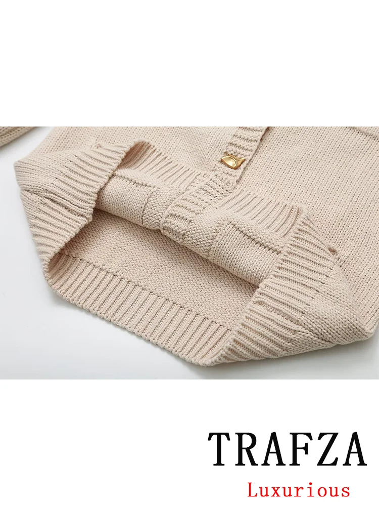 TRAFZA Vintage Casual Chic donna maglione solido o-collo manica lunga lavorato a maglia monopetto moda 2024 primavera estate maglioni