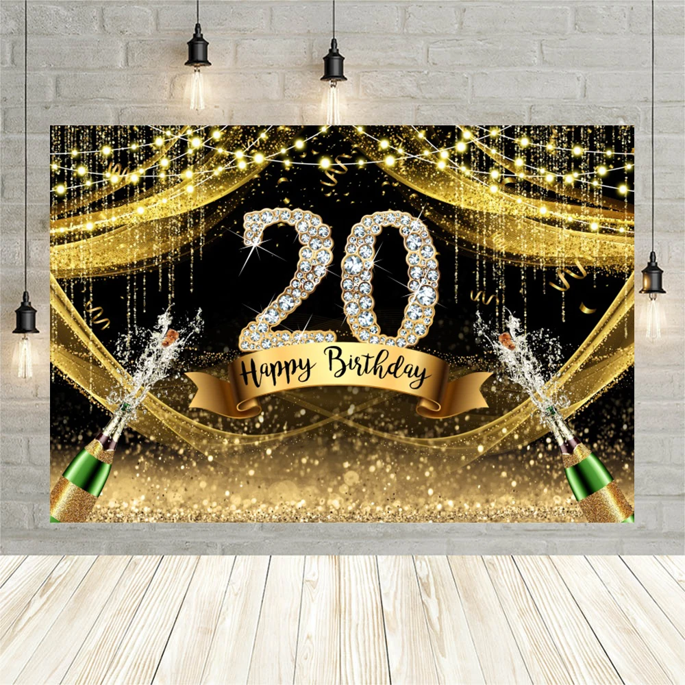 Gold Black Balloons Birthday Party Backdrop Celebration Champagne Cake Family Photography Background Adult Birthday Photo Studio