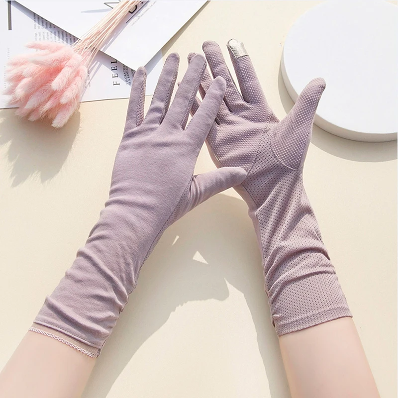 Women's Thin Cotton Extended Anti Slip Elastic Cycling Sun Shading Breathable Touch Screen Summer Driving Sun Protection Gloves