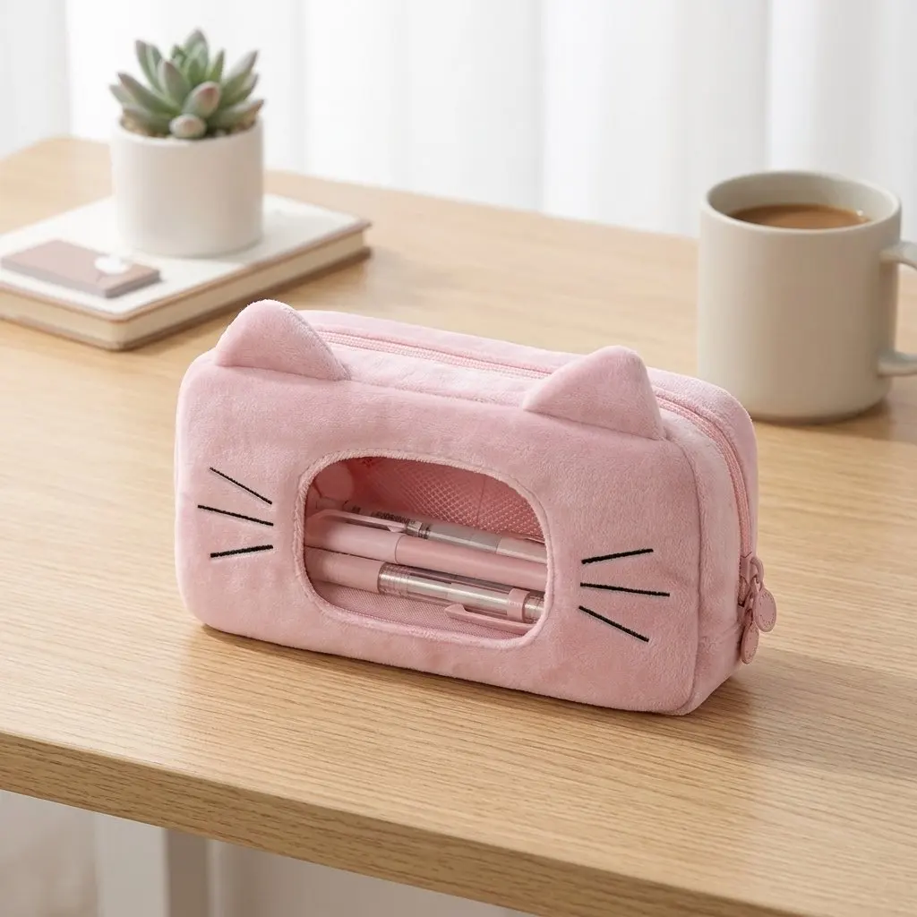 Stationery Organizer Waterproof Pencil Case for School Students Cute Cat Ear Large Capacity PU Clear Window Pouch Durable