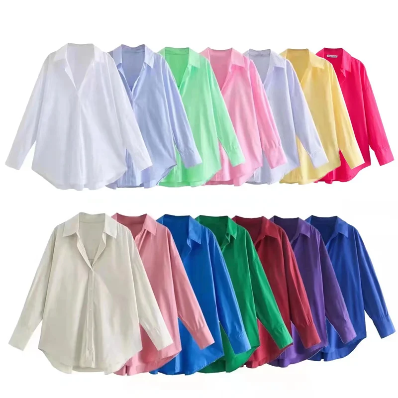 

Loose Long Sve irt Pure Color Turn-down Collar Single Button Street Sle Outerwear Casual Loose Fit Women's irt