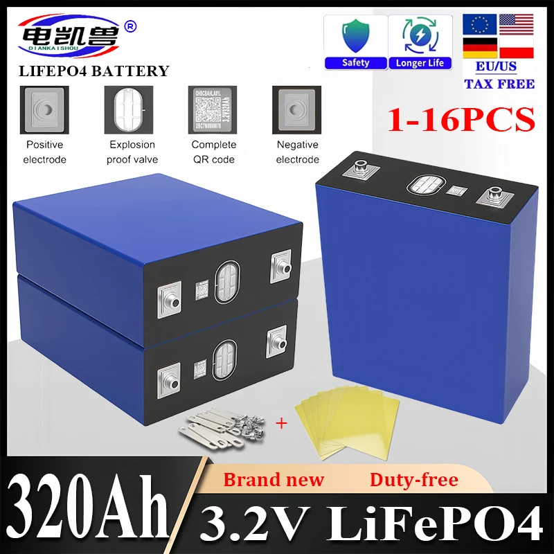 New 320Ah 3.2V  Lifepo4 Rechargeable Battery Lithium Iron Phosphate Cell 12v 24v Travel Solar Campers batteries GRADE A Duty-fr