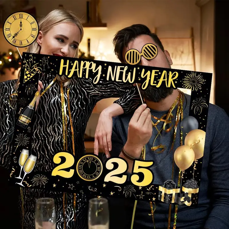 2025 Happy New Year Paper Photo Frame With Photo Booth Props Family New Year Eve Party Decorations Photobooth Selfie Prop