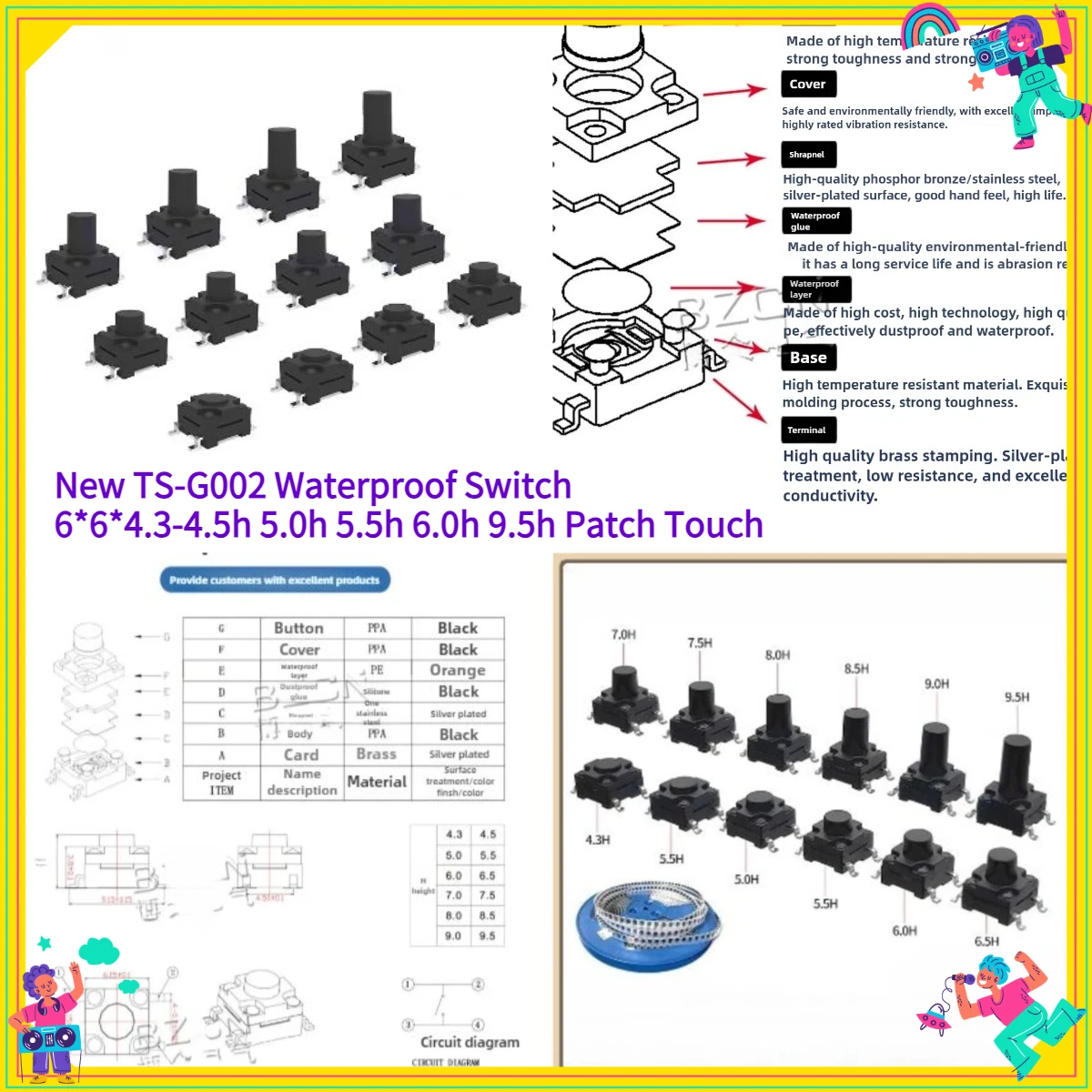 

20PCS New TS-G002 Waterproof Switch 6*6*4.3-4.5h 5.0h 5.5h 6.0h 9.5h Patch Touch Button IP67 Button Patch Switch Jog Switch