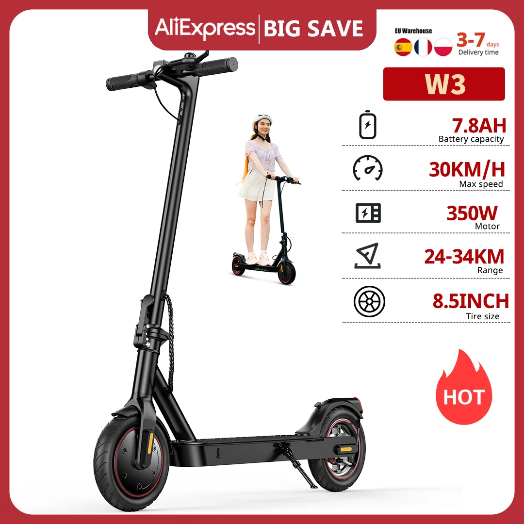 Trottinette électrique W3, moteur 350W, batterie 36V7.8Ah, autonomie 24-34KM, pneu pneumatique à roulement arrière, frein à moyeu arrière + frein électrique, 3 vitesses, 25KM/H