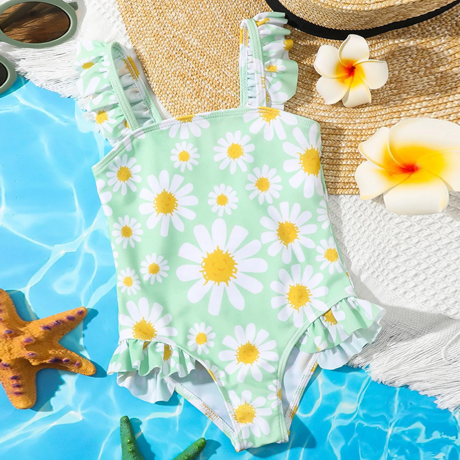 

2024 Summer New Toddler Newborn Baby Girls Sunflower Printing One Piece Swimsuit Swimwear Bikini Beachwear Bathing Suit 1-5T