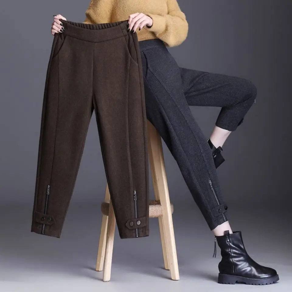 Imagem -06 - Calça Lápis com Zíper para Mulheres Cintura Elástica Monocromática Fina e Espessa Elástica e Quente Senhora do Escritório Moda Coreana Outono e Inverno