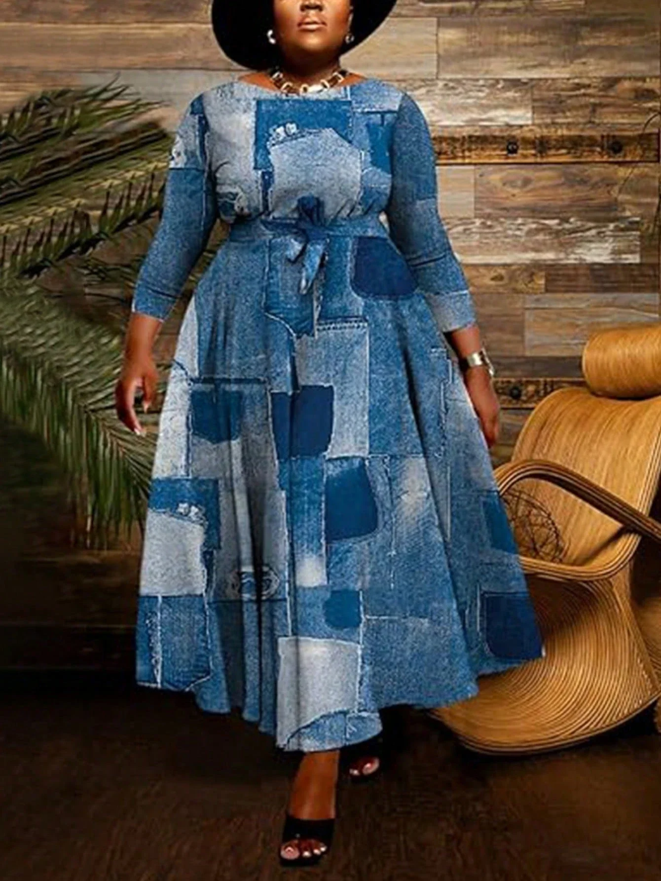 

Plus Size Women Vintage Denim Patchwork Long Sleeve Maxi Dress Casual Elegant Vacation