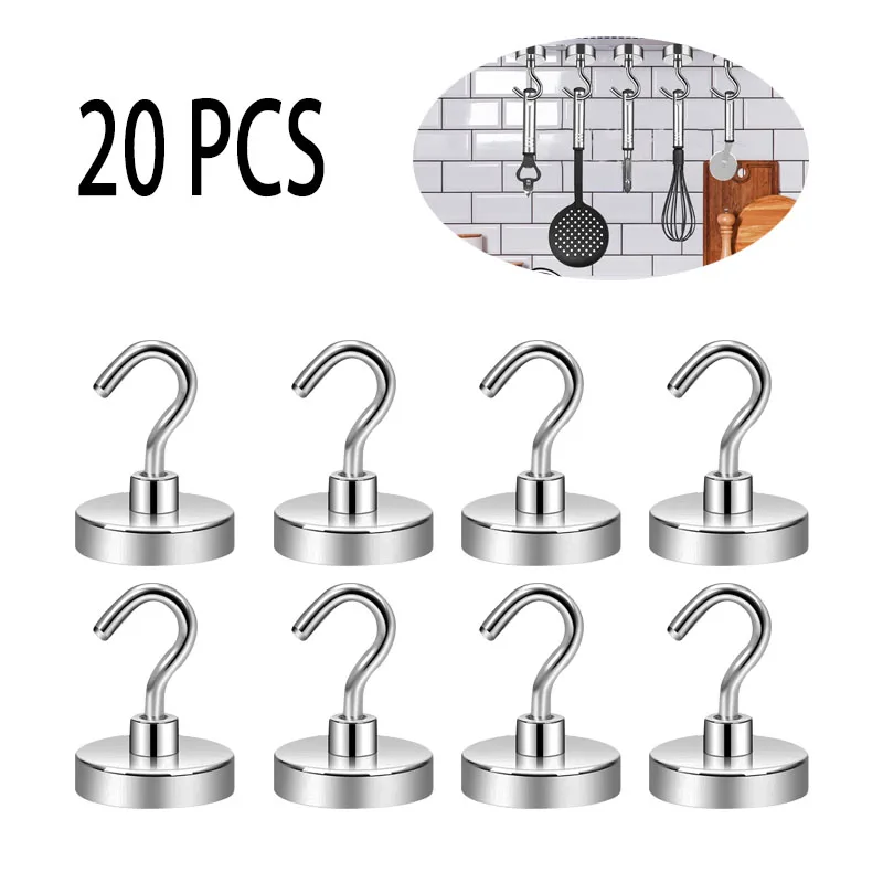 

20PCS Magnetic Hook Neodymium Magnet E10/12/16/20 Electroplating Metal Strong Hook Thick Wall Hook for Home Kitchen Organization