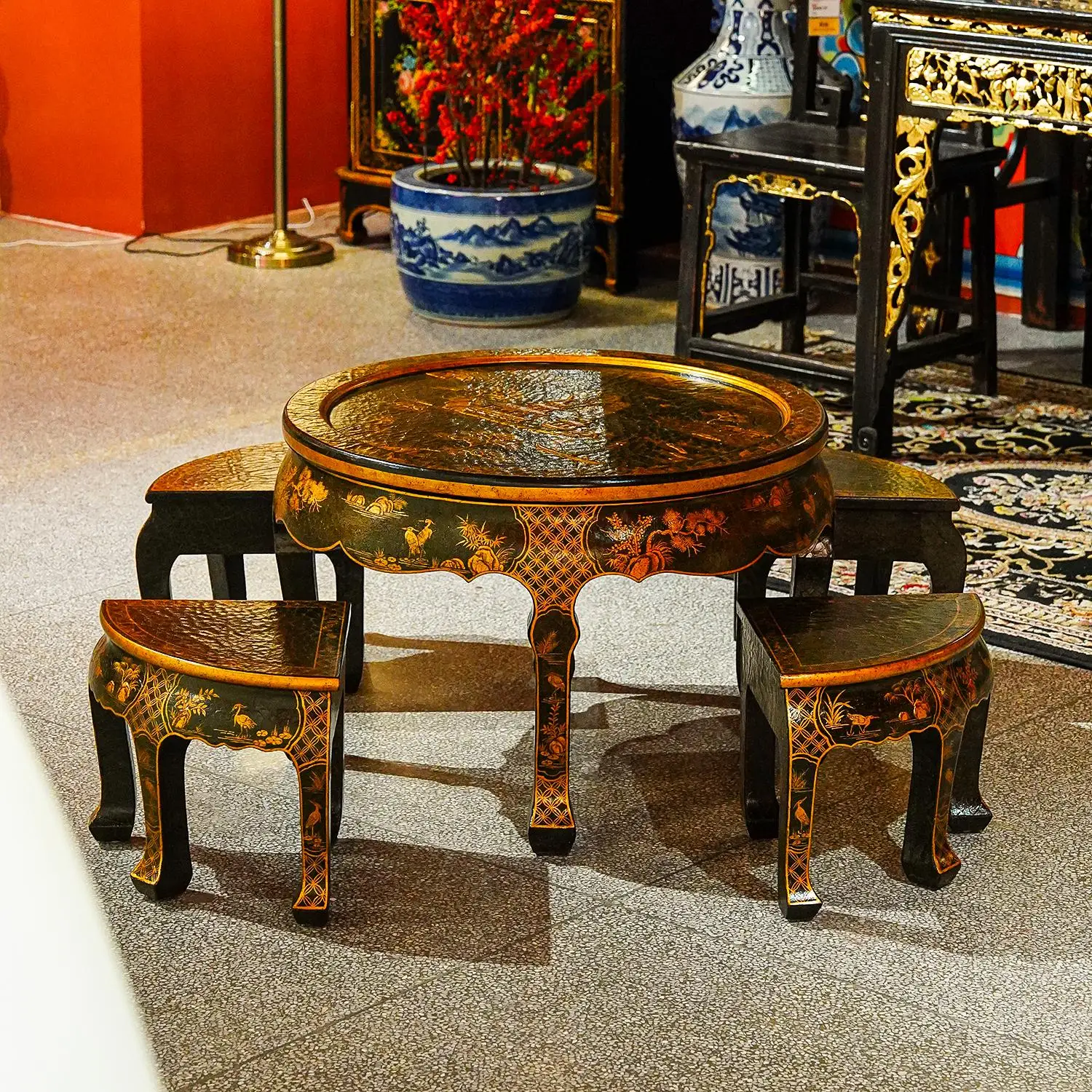 French Chinese style black cloth crack bottom hand-painted landscape pattern tea table household coffee table