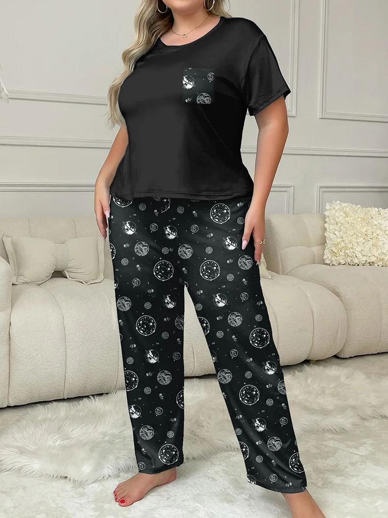 

Milk Silk Lady's Loungewear: Autumn Short Sleeve Pajamas Sets Long Pants Plus Size Casual Homewear 2pcs Outdoor Ready