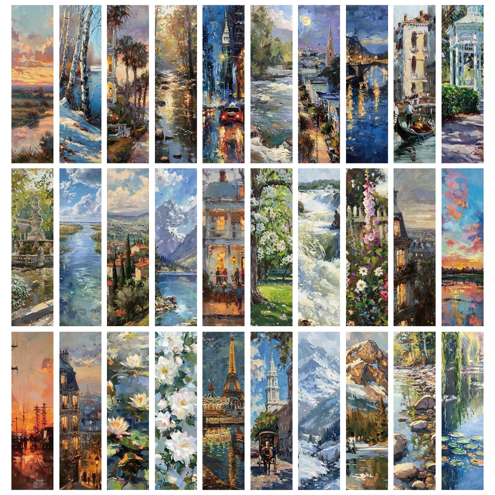 30PCS Oil painting landscape bookmark Room Laptop Background Wall Decor Luggage Aesthetic Decorations Art Picture Card bookmark