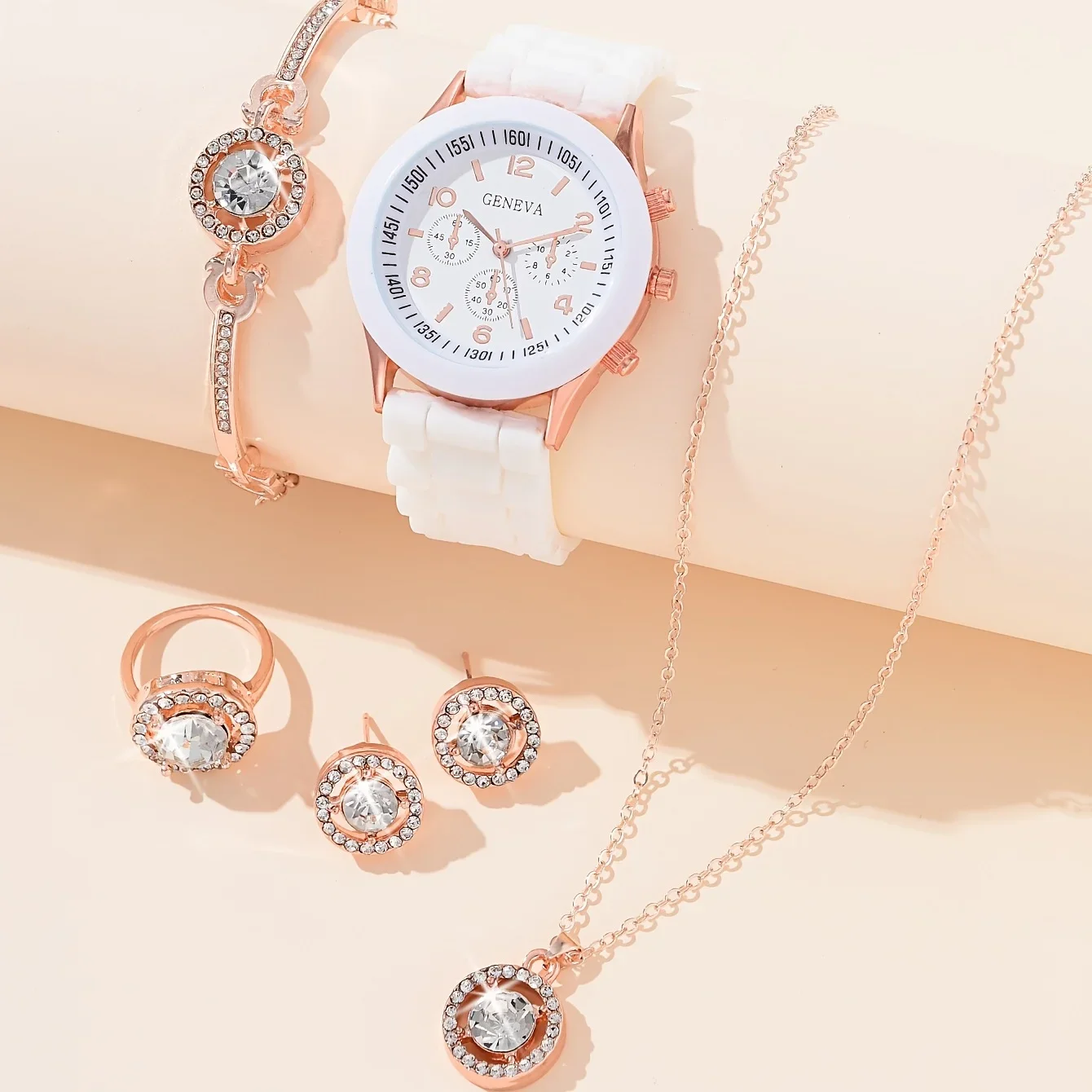 5pcs/set 1pc White Rhinestone Watch + Jewelry Set Fancy Women Watches Jewelry Sophisticated And Stylish Women Watch No box