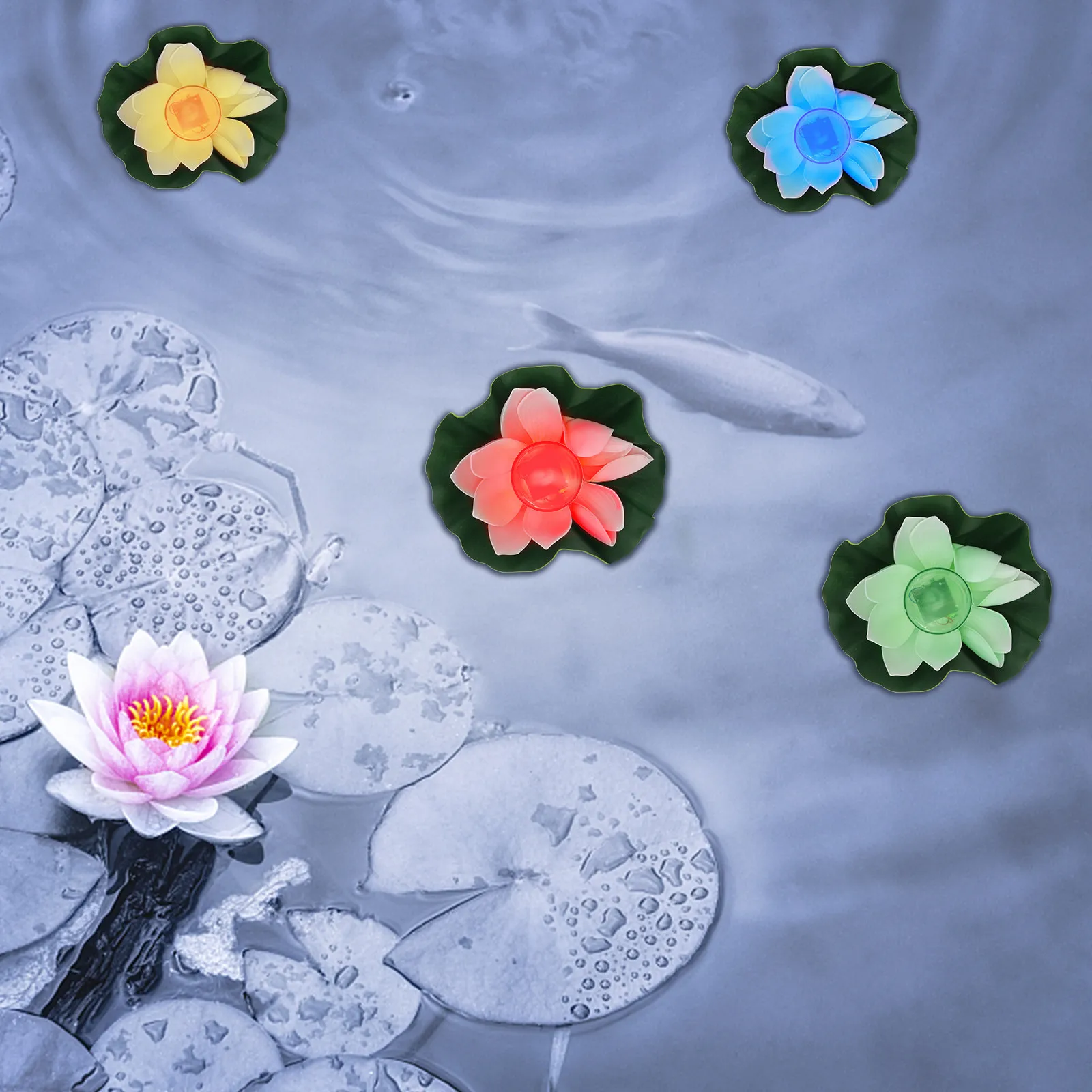 No Wiring Installation Required Lotus Light Floating Solar Flowers Pool LED Leaves and Lights