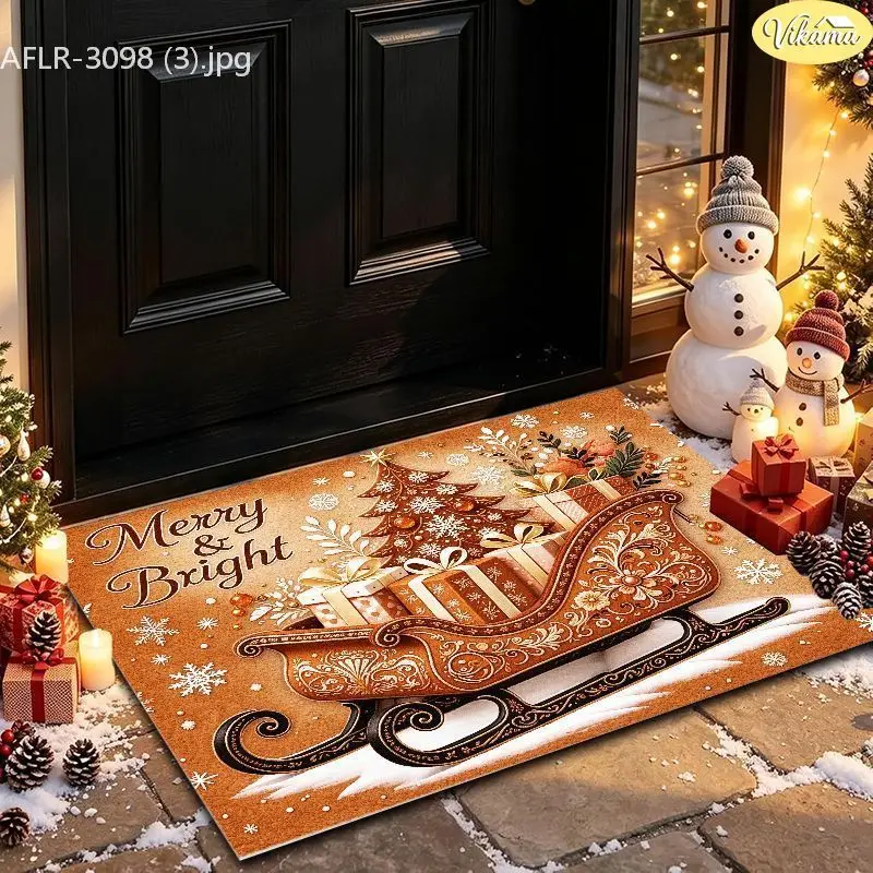 VIKAMA Merry Bright Sleigh Gift Entryway Rug Non Slip Low Profile Mats for Outside Front Door Xmas Winter Decor Washable