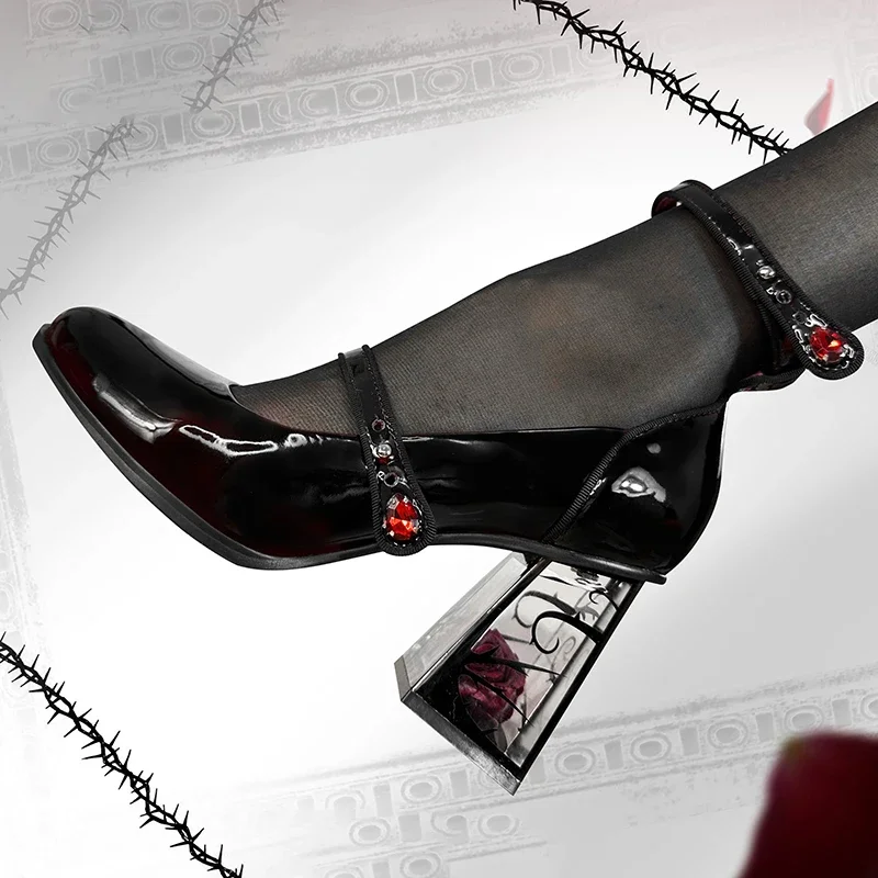 Punk Gothic High Heels Pumps Women 2024 New Rose Heeled Patent Leather Lolita Shoes Woman Y2K Ankle Straps Black Mary Jane Shoes image 5