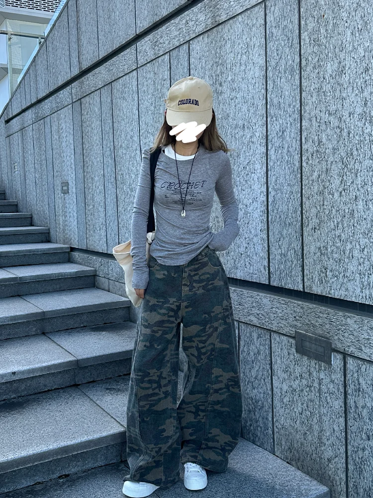 

plus Size Camouflage Print Loose Wide Leg Jeans Women's American Trend Retro Design Casual Trousers High Waist Zipper Closure