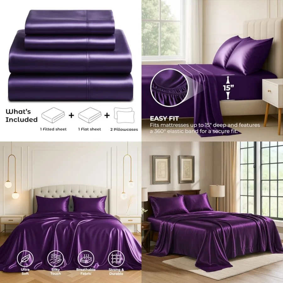 

Satin Sheets [4-Piece, ] Hotel Luxury Silky Bed Sheets - Extra Soft 1800 Microfiber Sheet Set, Wrinkle, Fade, Stain Resistant -