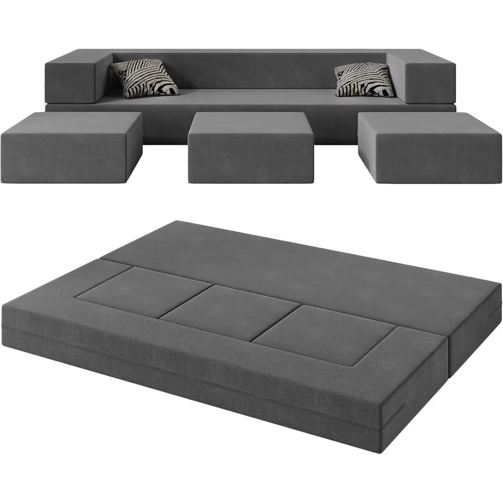 

Folding Bed Couch, 80''W Floor Foam Sofa with 3Ottomans& Washable Velvet Cover,Modular Sectional Sofa Futon Sleeper Convertible