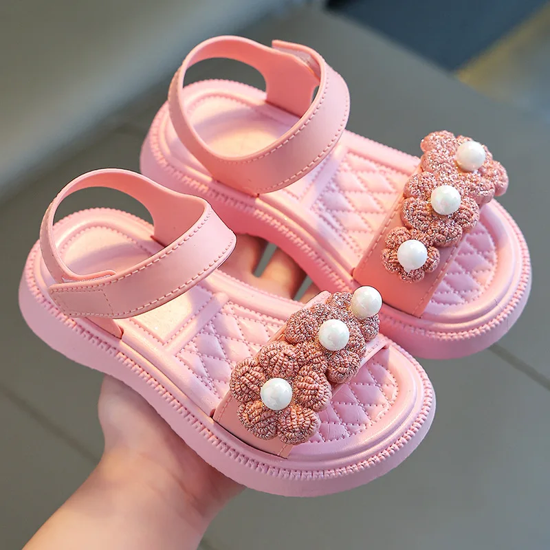 New Summer Girl Children Sandals Child Casual Shoes Kid Girl shoe Beach Shoes Pearl flowers Soft Bottom Non-slip Sports Sandals