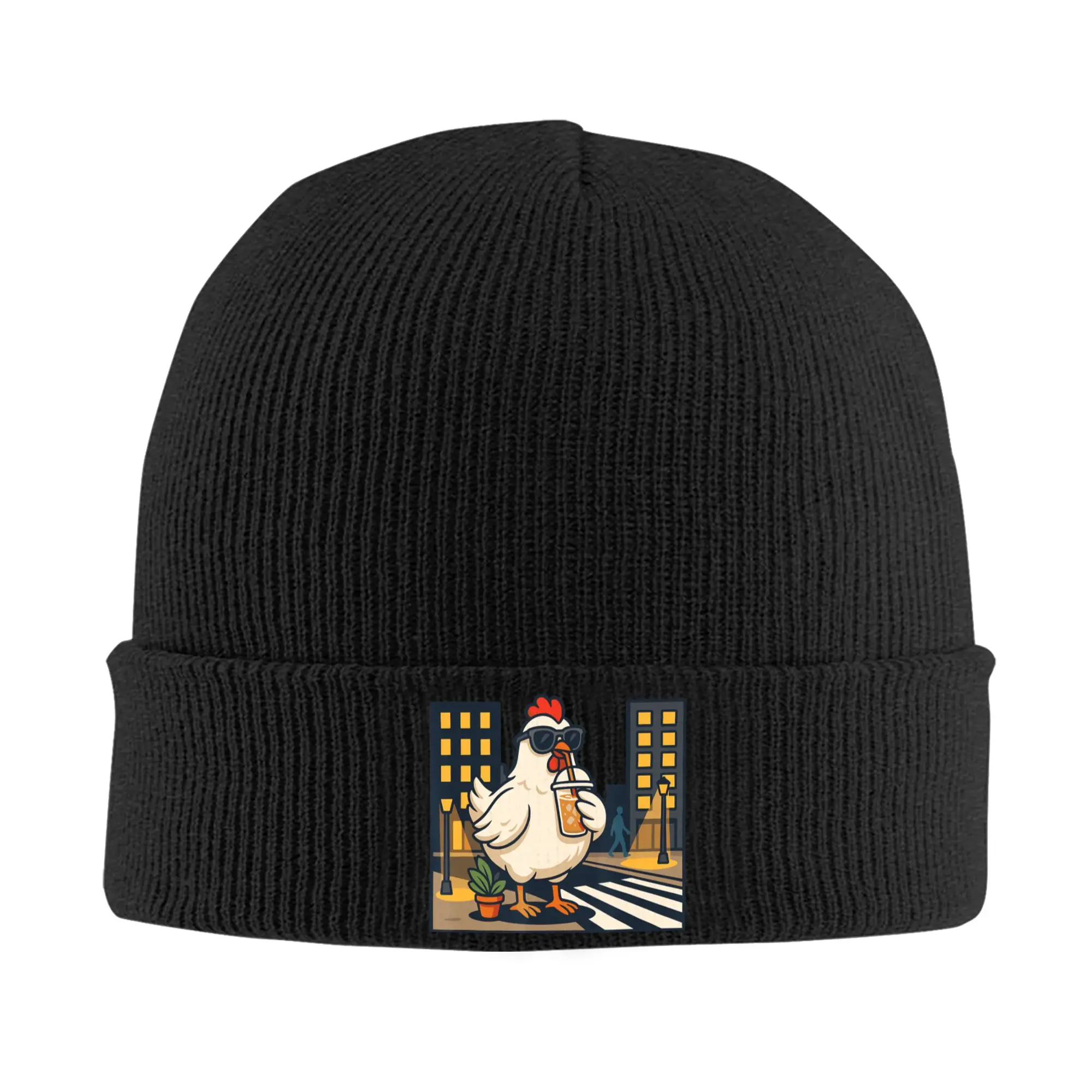 I Love iced Coffee and This Cool Hen in the Night City Knit Hat Casual Caps Men Women Beanie Hats Winter Elastic Bonnet Hats