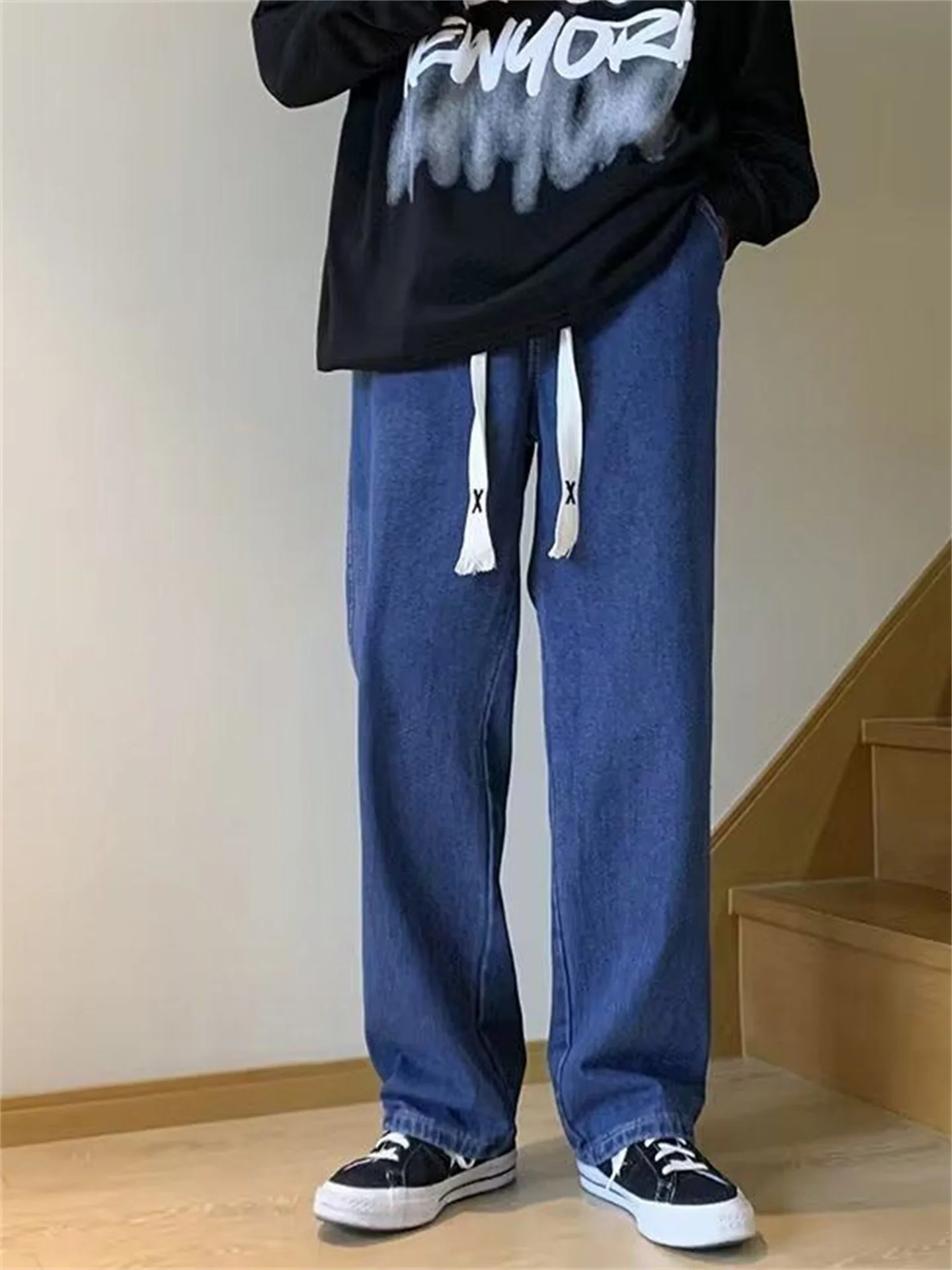 

Blue Loose Fit Straight Leg Jeans for Men American High Street Sle Elastic Waist Corduroy Casual Long Trousers