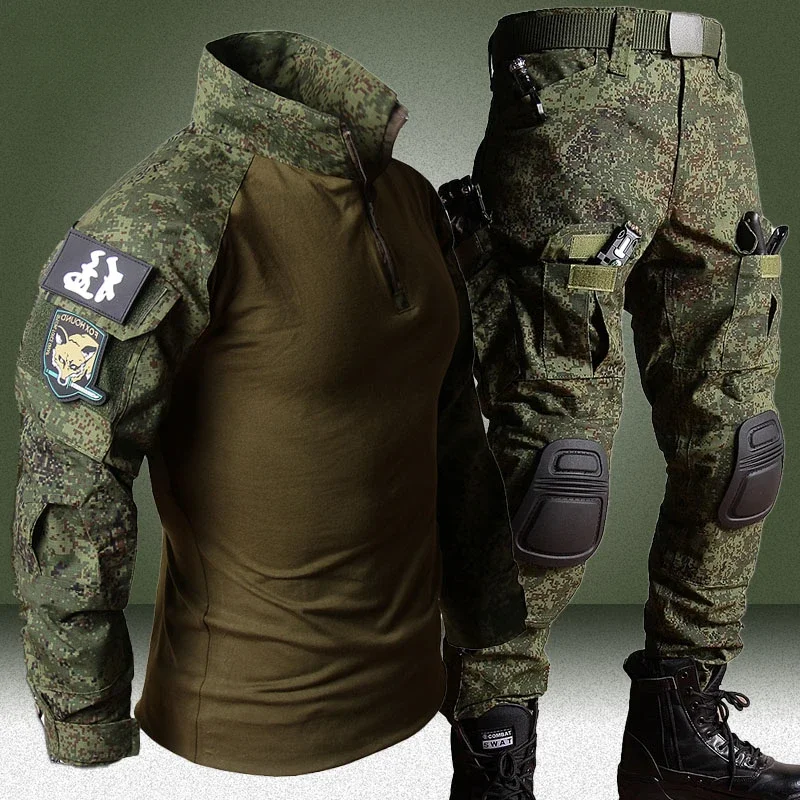 Spring Camo Sets Men Breathable Long Sleeve T-shirts+Multi-pocket Straight Pants Training 2 Pcs Cargo Suits Sports Tactical Set