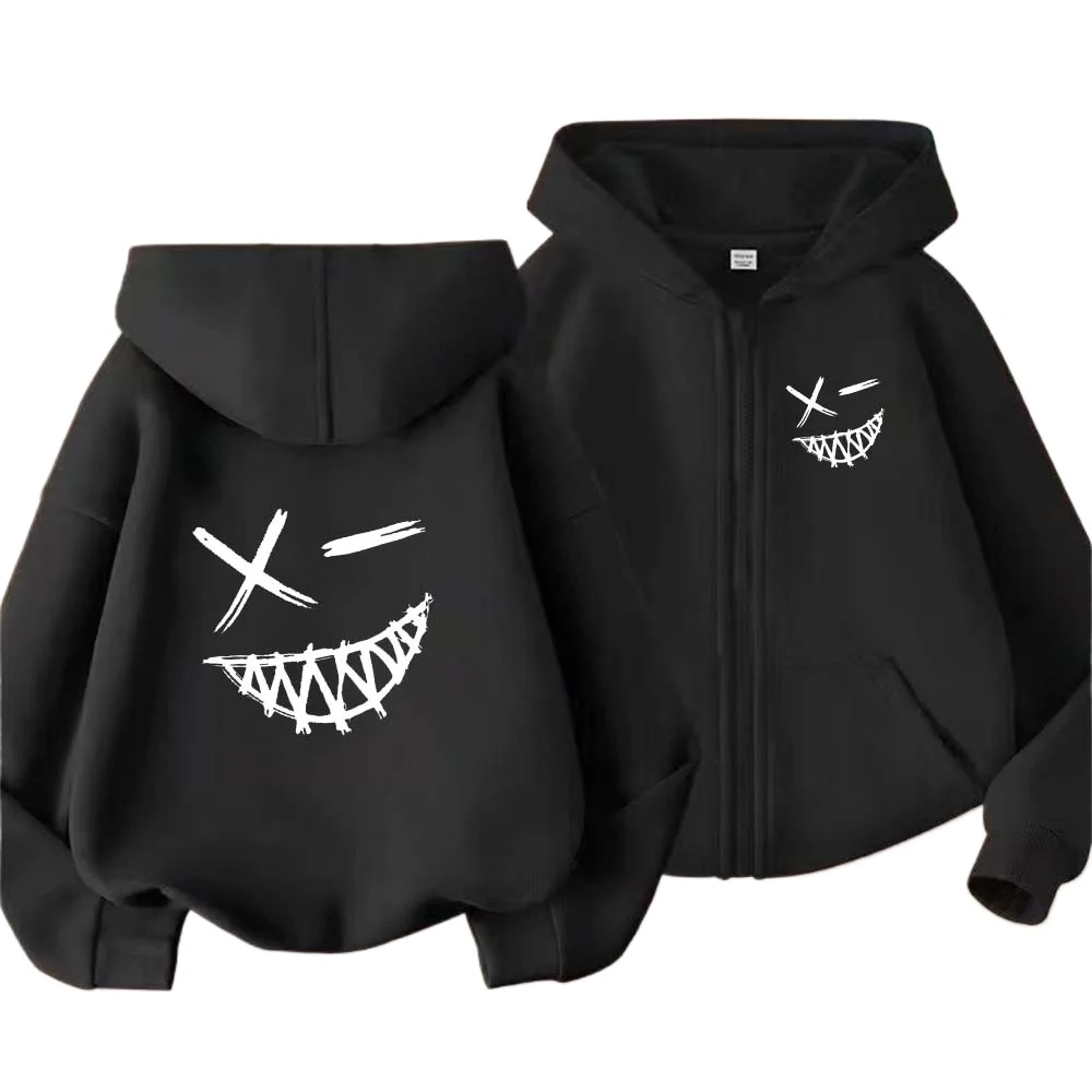 Evil Smile Face Print Kids Spring Autumn Zipper Hooded Sweatershirts 2-13 Years Boys Girls Casual Outfits Children Top Clothes