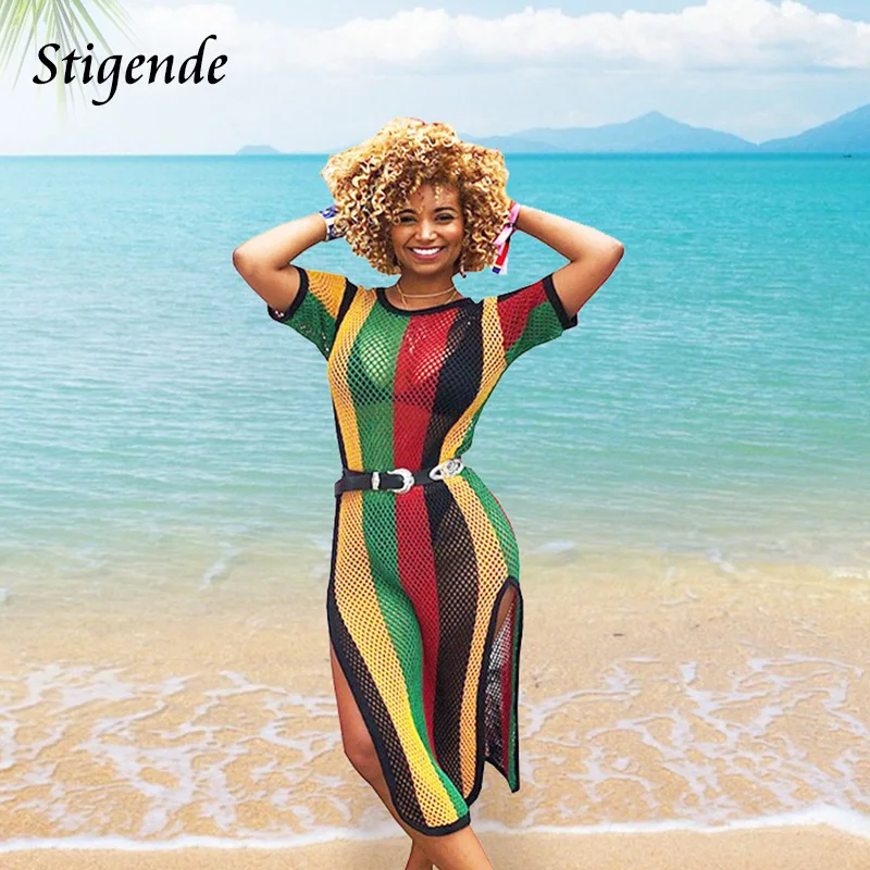 Sexy Summer Beach Cover Up Midi Dress Women Short Sleeve High Split Swimwear Dress See Through Hollow Out Striped Sundress