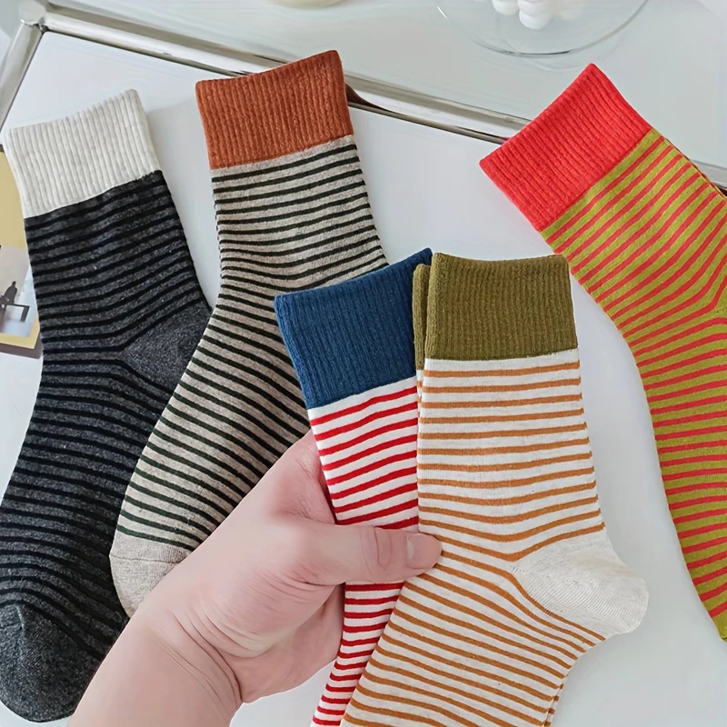 Women Striped Print Socks Breathable Soft Comfortable Lightweight Mid Tube Sock Vibrant Colorful Fashion Sox Female High Quality