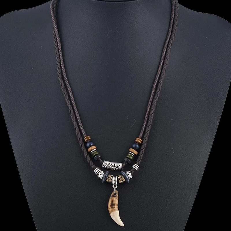 Bohemia Tooth Pendant Necklace for Men Women Beaded Weaved Leather Necklace Natural Style Initial Necklaces Jewelry Mens Gifts image 4