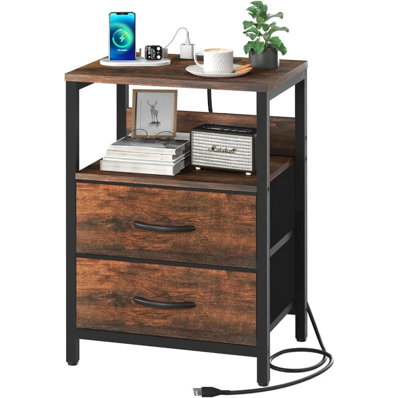 

Nightstand with Charging Station, Small Night Stand with Fabric Drawers and Storage Shelf for Bedrooms, Small Spaces