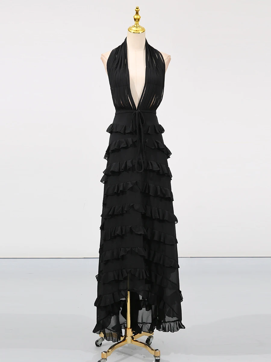 Vgh sexy emendado rendas até maxi vestido para mulher halter sem mangas cintura alta retalhos fungo temperamento em camadas vestidos femininos