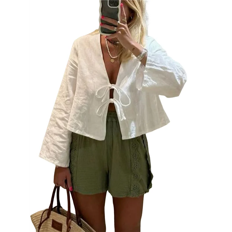 AOAO-Tie sul davanti per donna Camicie in cotone Y2K Manica svasata Scollo a V Abbigliamento Casual Lace Up Bow- Camicette