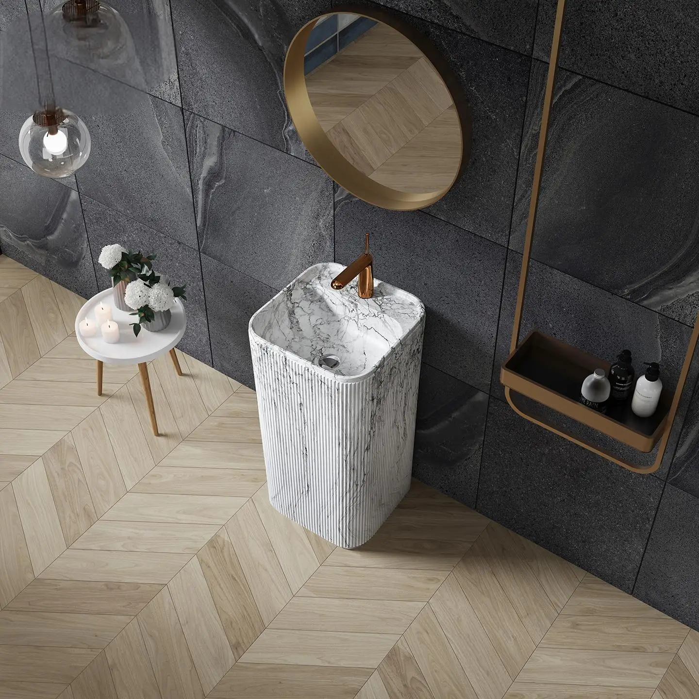 #Luxury Calacatta Pedestal Sink, Italian Freestanding Artificial Marble Basin with Faucet for Hotel Villa, Customizable