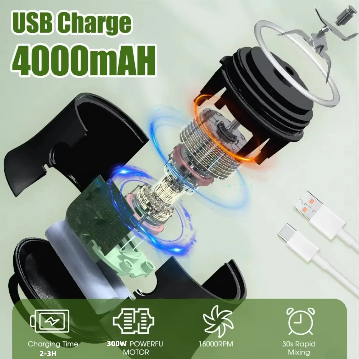 4000mAh 휴대용 Juicer 이중 목적 주스 컵 180W USB 야외 신선한 과일 블렌더 4 블레이드 스무디 주스 컵 블렌더