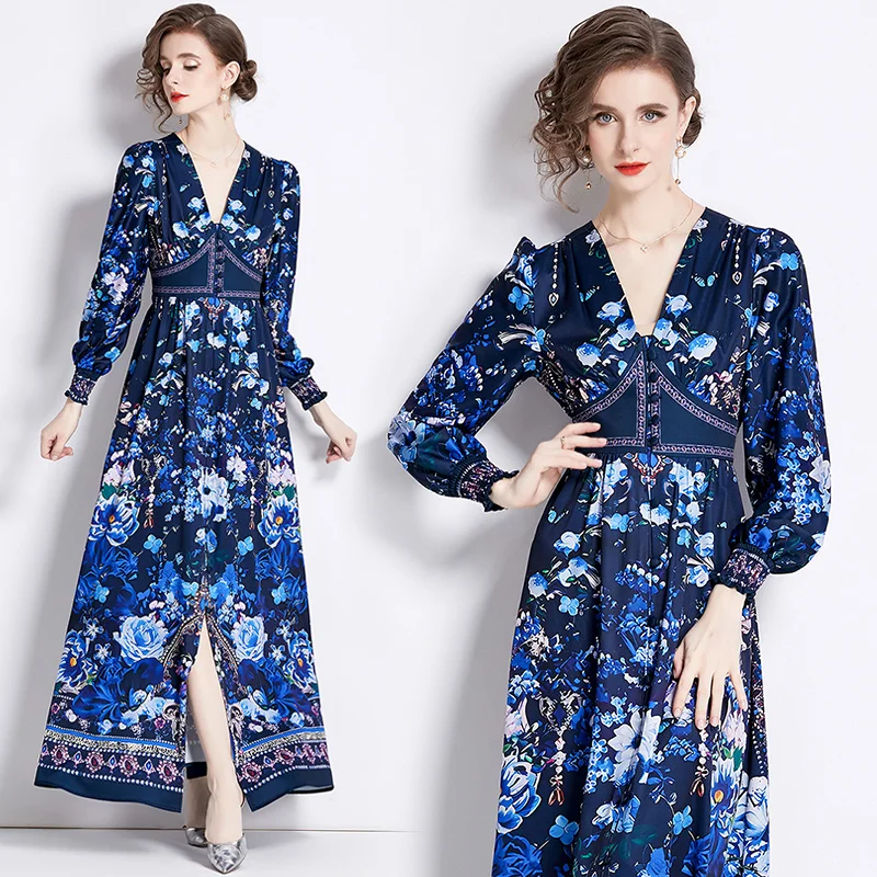 2024 Autumn New Blue Silk European and American Ethnic Style Loose Flower Printed Dress V-neck Leopard Pattern Knee length Skirt