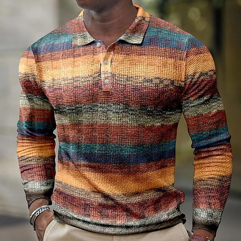 

Мужская полосатая винтажная рубашка-поло с длинными рукавами и лацканами для спорта и отдыха на открытом воздухе, офисная повседневная одежда на пуговицах, весна-осень-зима