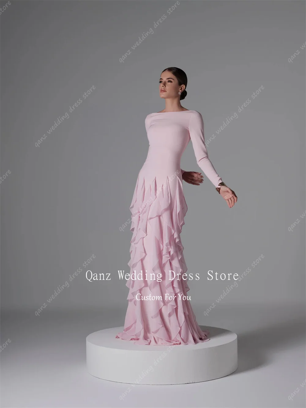 Qanz Dubai Chiffon Evening Dresses Pink Long Sleeves Multi‑layer Ruffles Formal Occasion Dress Women Robe De Soirée Customized