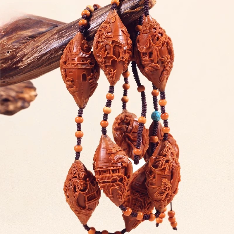 Olive core carving Suzhou gardens, olive core long string carving landscape handheld view 4