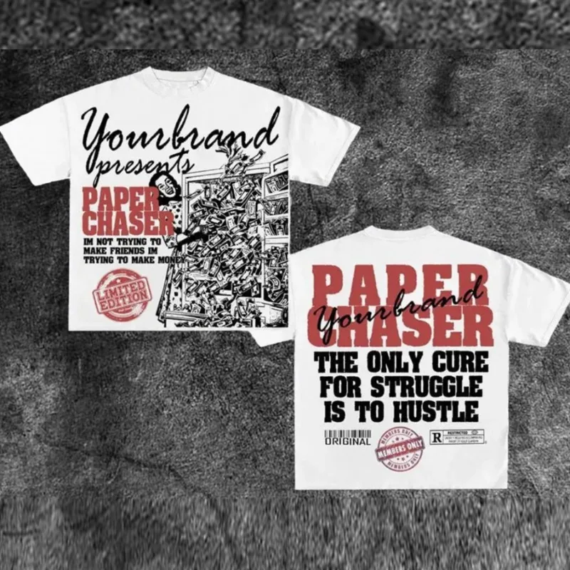 

Y2K Мужская футболка с рисунком Bold Chasing Paper Slogan с принтом Белый повседневный топ с короткими рукавами Летняя уличная одежда