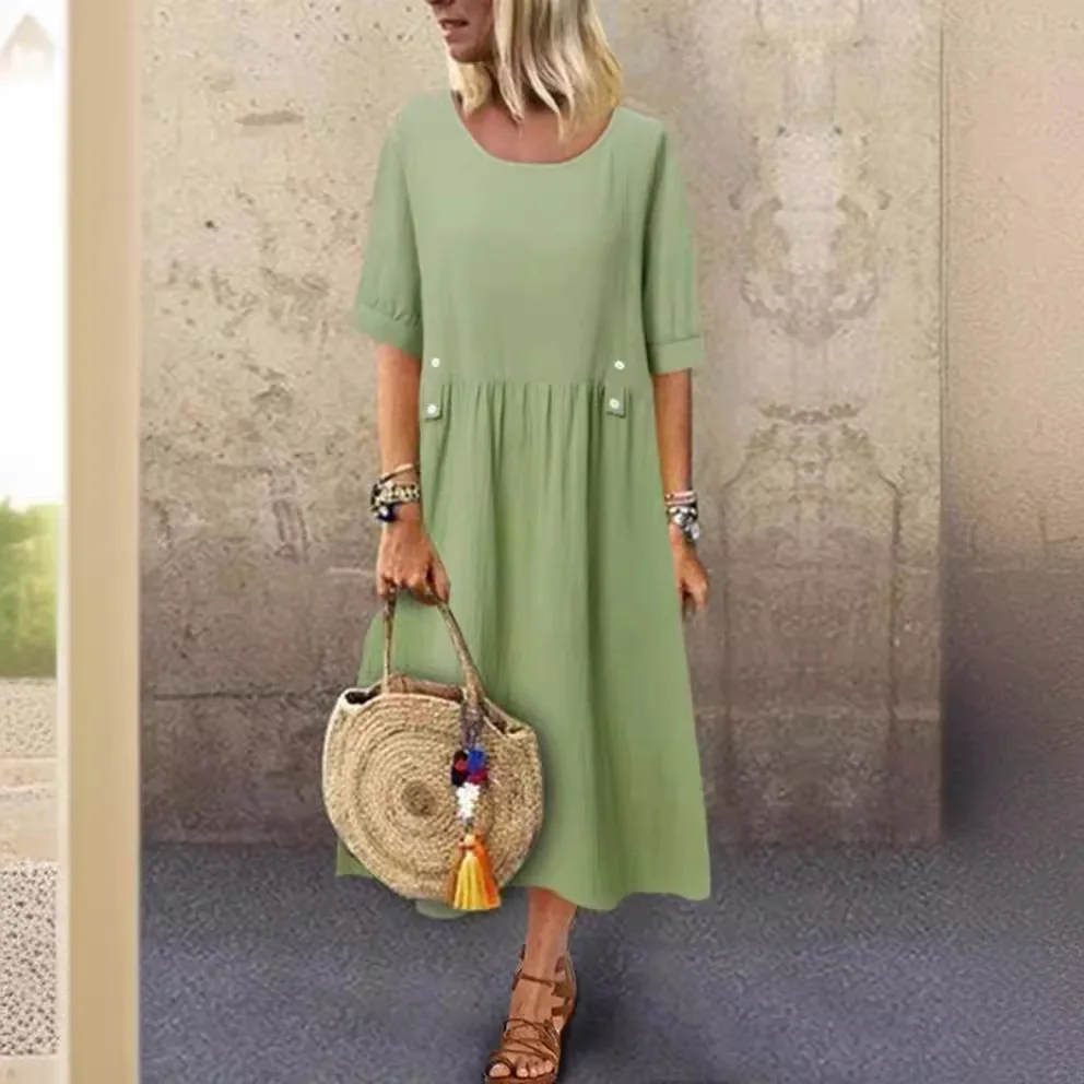 

Women Dress Long Dresses Round Neck Short Sleeve A Line Vestidos Elegant Splice Y2k Streetwear High Waist Work Casual 2025