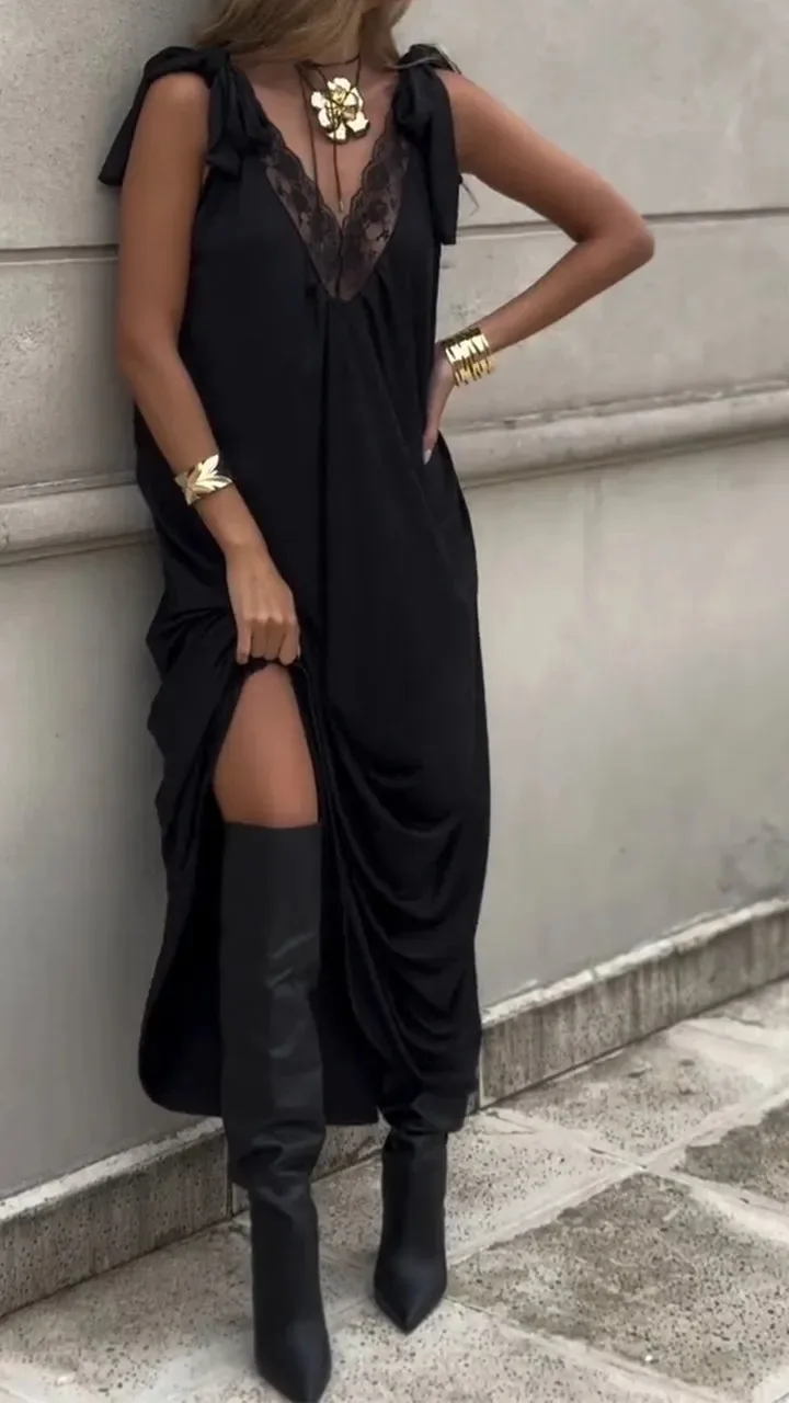 

BKLD 2025 Summer New Solid Color Black Dress Women Clothing V-Neck Spaghetti Strap Lace Patchwork Hollow Out Casual Dress